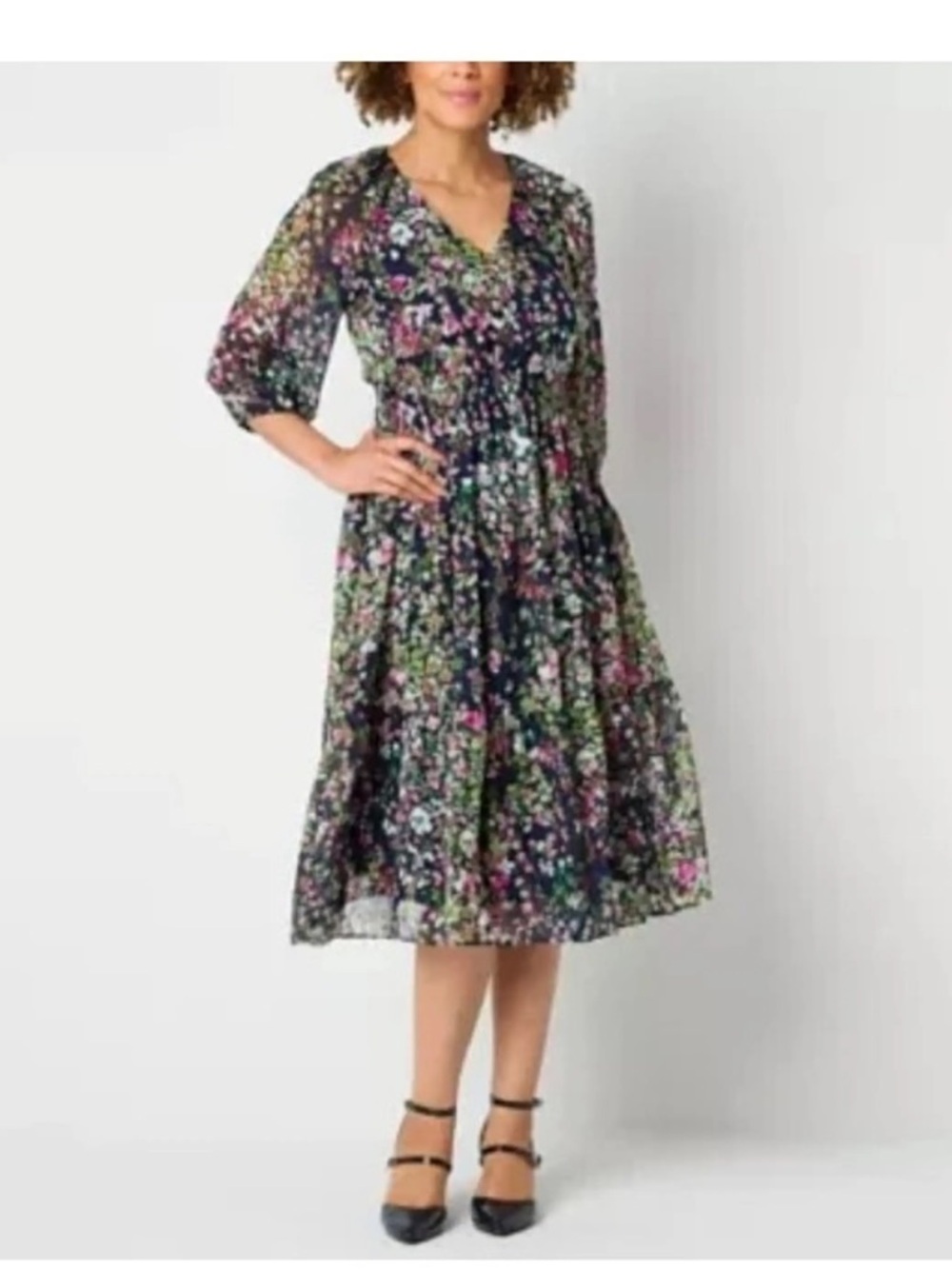 Danny & Nicole Black Midi Dress with Multicolor Floral Print
